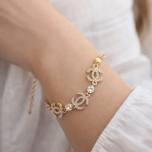 Designer Inspired Rhinestone Charm Fashion Bracelet Gold Tone Adjustable Chain - Picture 3 of 5